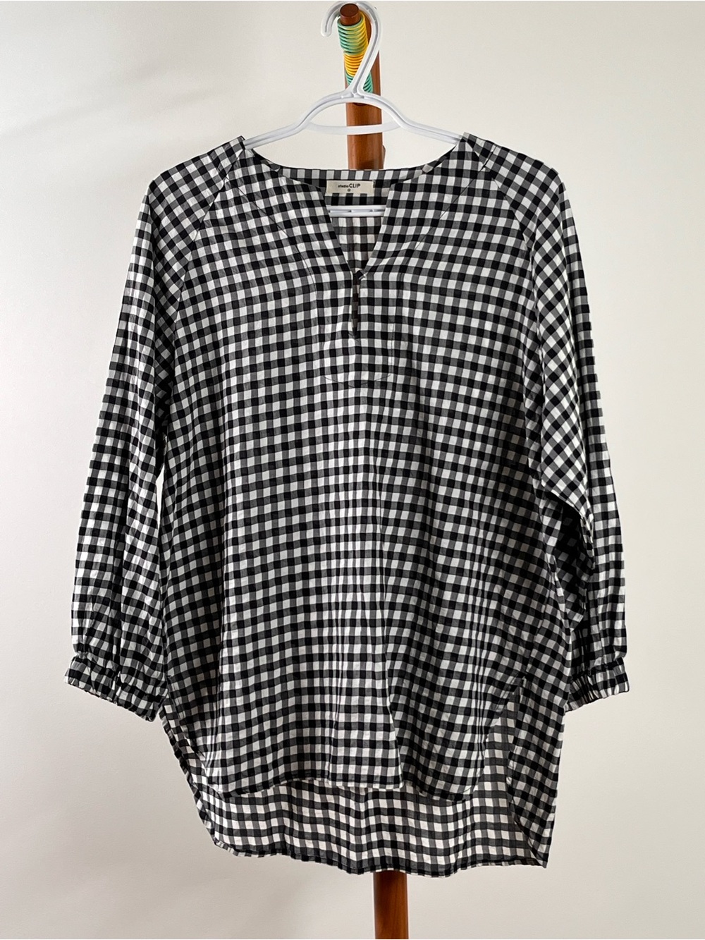 Relaxed Black & White Gingham Tunic with V-Notch